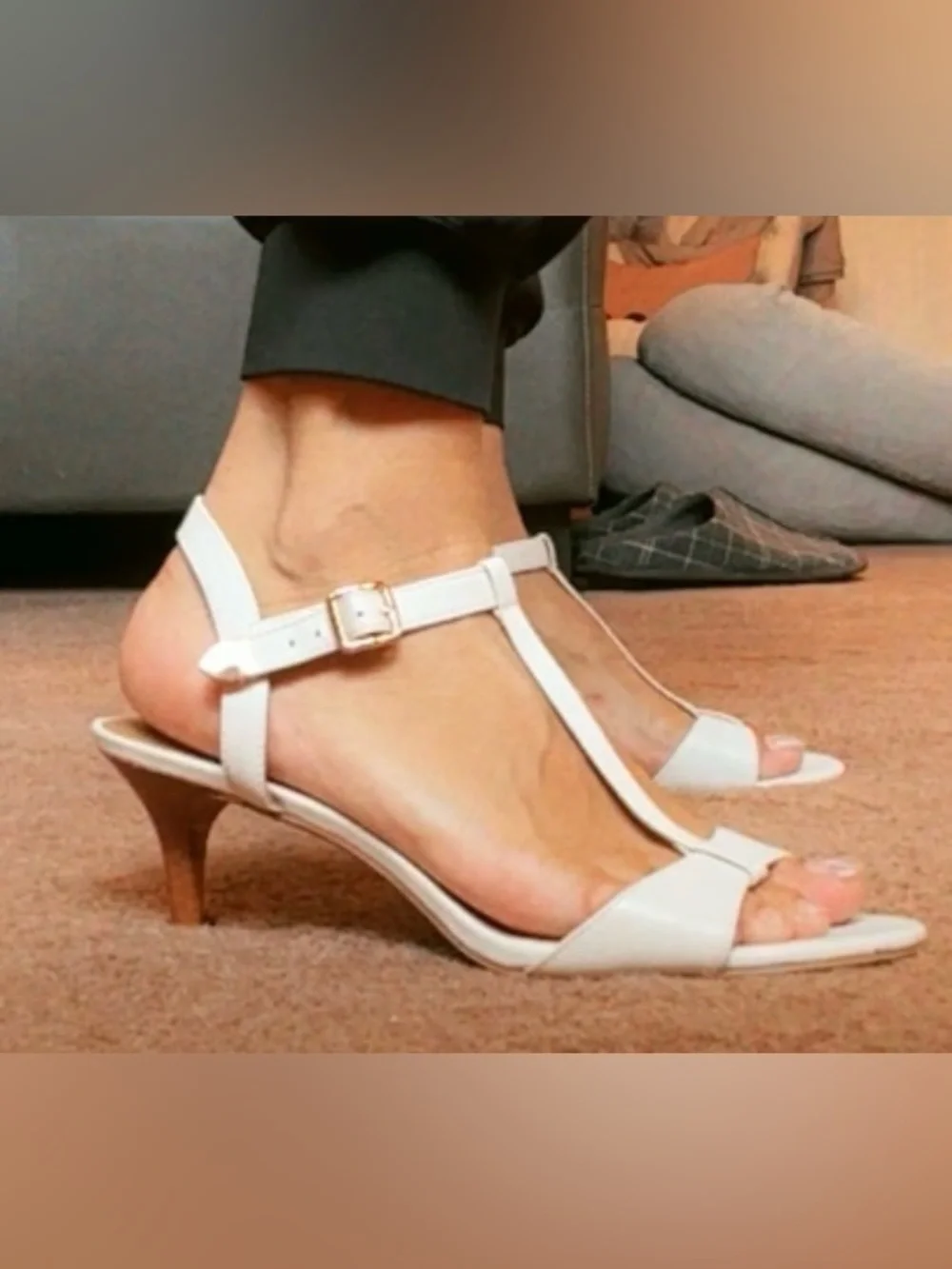 COACH Cream Leather T-Strap Sandals with Gold Hardware